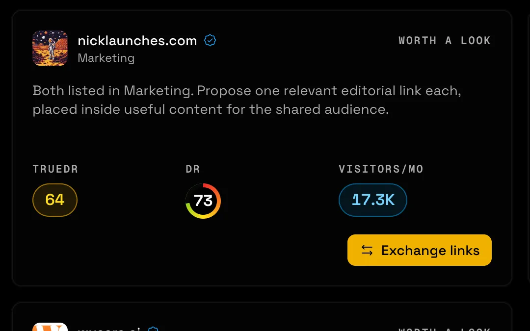 One recommended partner: nicklaunches.com with TrueDR 64, DR 73, 17.3K visitors a month and the reason the two websites fit
