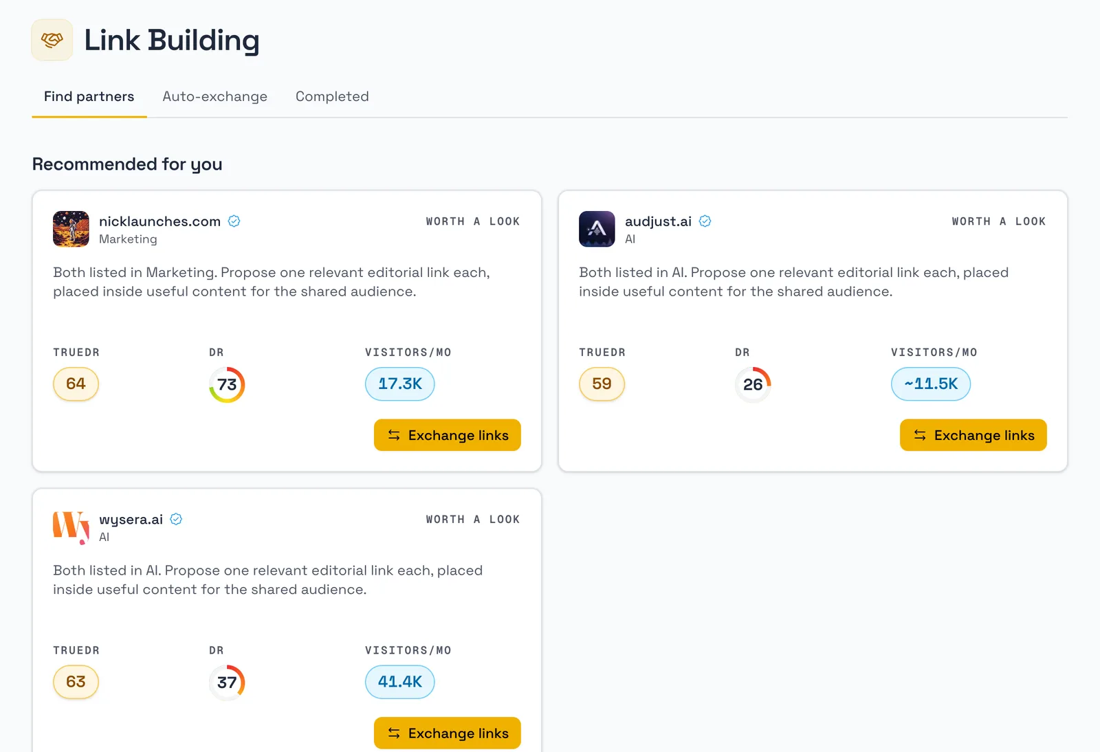 The Link Building tab: recommended exchange partners for verifieddr.com with their TrueDR, DR and monthly visitors, each with an Exchange links button