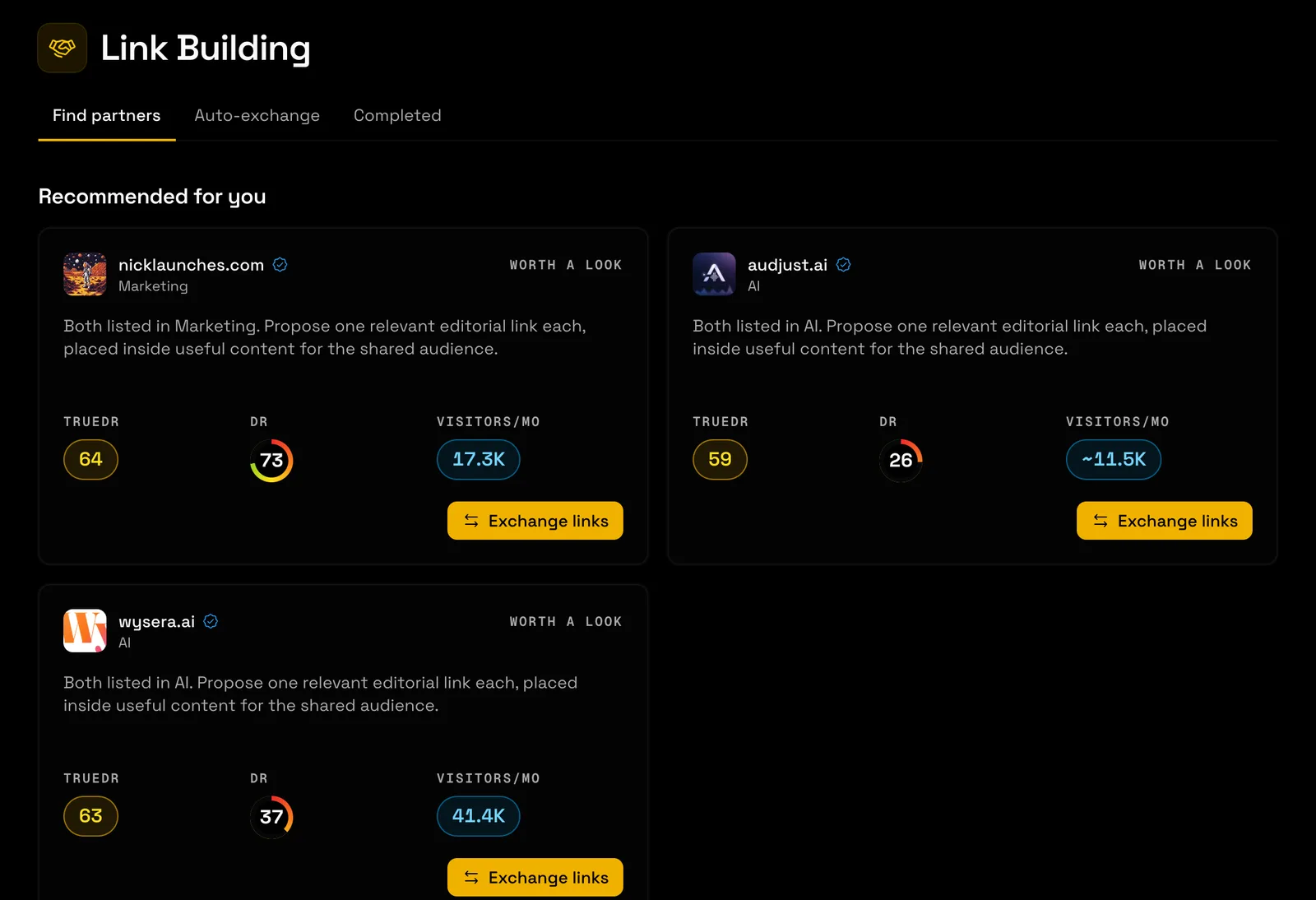 The Link Building tab: recommended exchange partners for verifieddr.com with their TrueDR, DR and monthly visitors, each with an Exchange links button