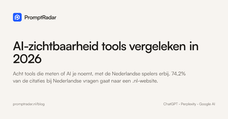 Kaart met de titel AI-zichtbaarheid tools vergeleken in 2026, in de huisstijl van PromptRadar.